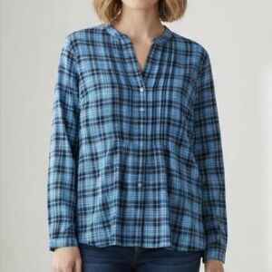 LL Bean Teal Plaid‎ Flannel Pleated Button Up Long Sleeve Top Size SMALL